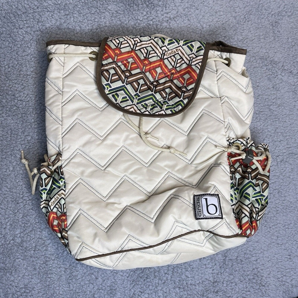 Cinda B Backpack Tote Quilted Bag Beige‎ Chevron Geometric